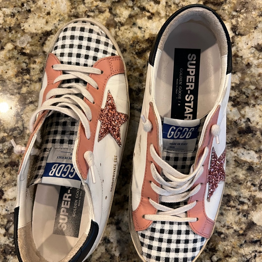 Golden Goose White and Pink Superstar Sneakers